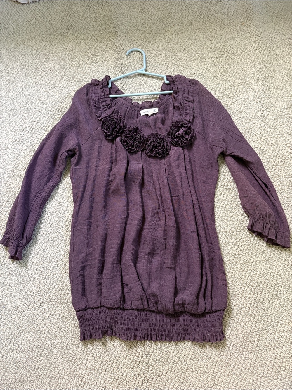 mine Plum Floral-Trim Peasant Blouse